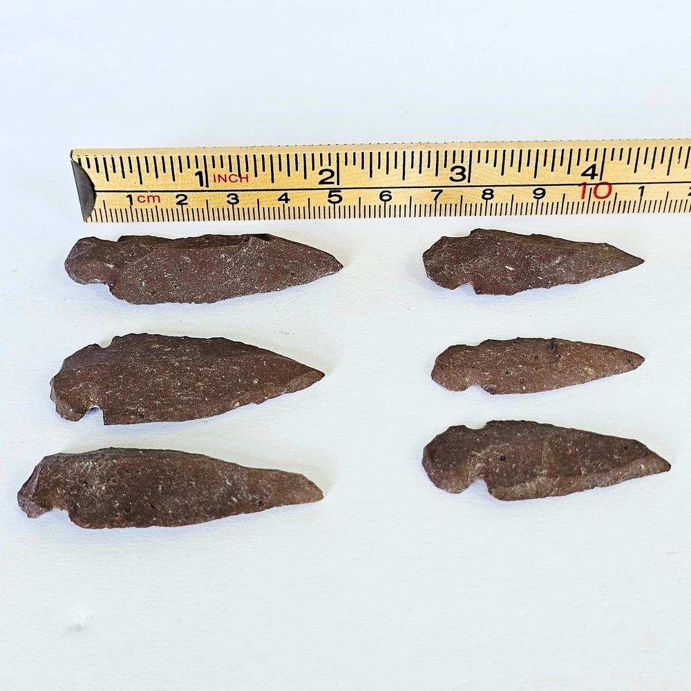 6pc Stone Arrowhead Set Reddish Brown Hand Knapped Side Notched Points Artifact